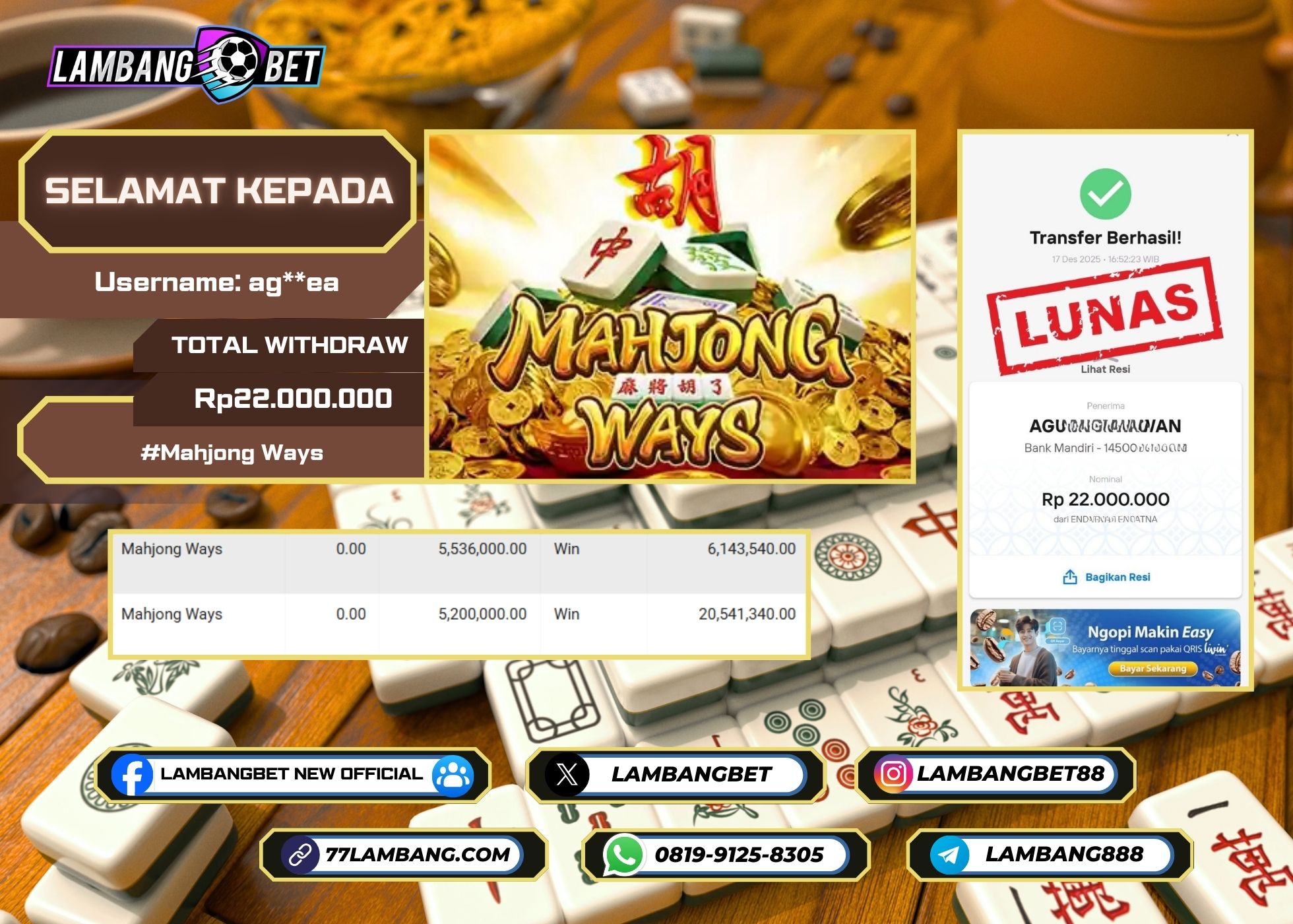 LAMBANGBET [17 DESEMBER 2025] JACKPOT SLOT Mahjong Ways "Rp22.000.000" LUNAS
